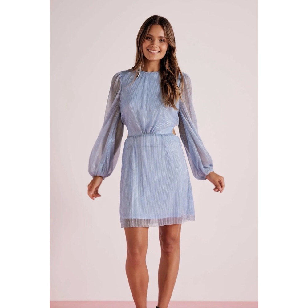 Astrid Plisse Tie Back Mini Dress‎ Sheer Blouson Sleeves Glam Party Vibe Blue
